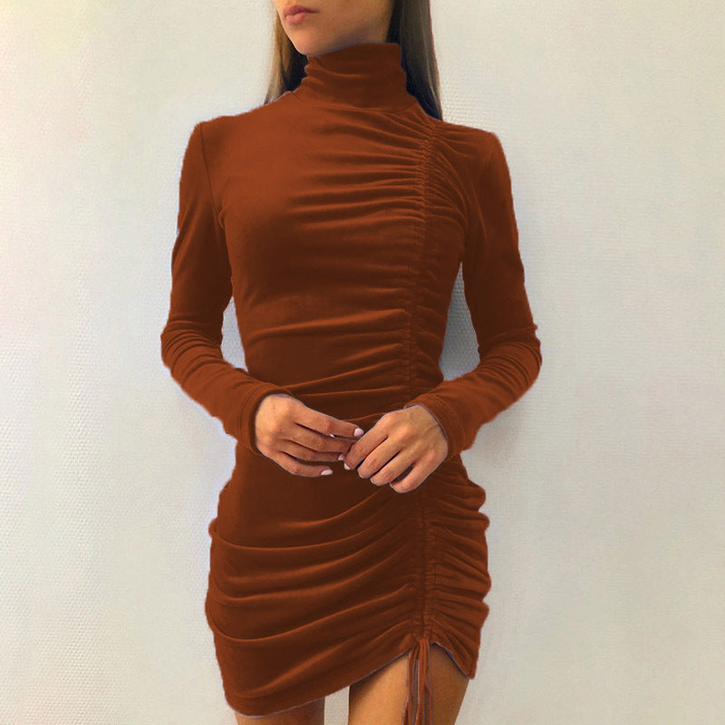 Robe Minijupe Bodycon Femme avec Col Montant et Drapé Latéral