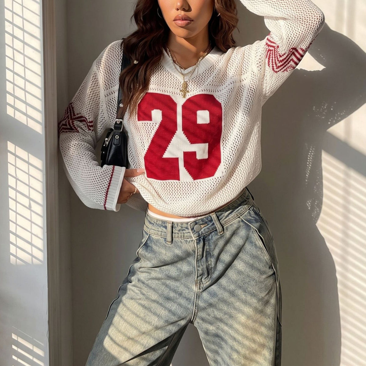 Pull cropped en maille oversize pour femmes avec décolleté en V Echoarchiv