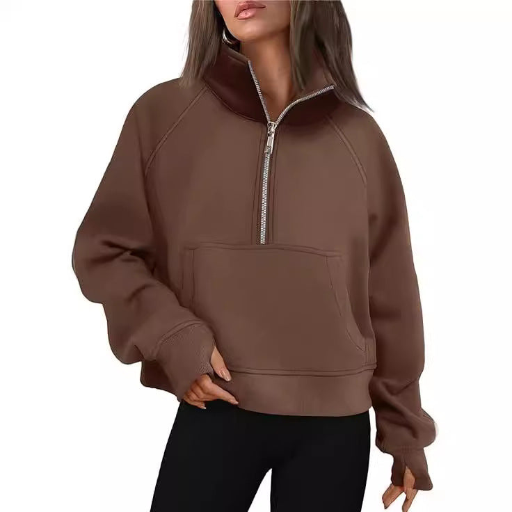 Sweat à capuche femme en polaire oversize raccourci avec demi-fermeture éclair, col montant, poche kangourou et poignets avec trou pour le pouce Echo Archiv