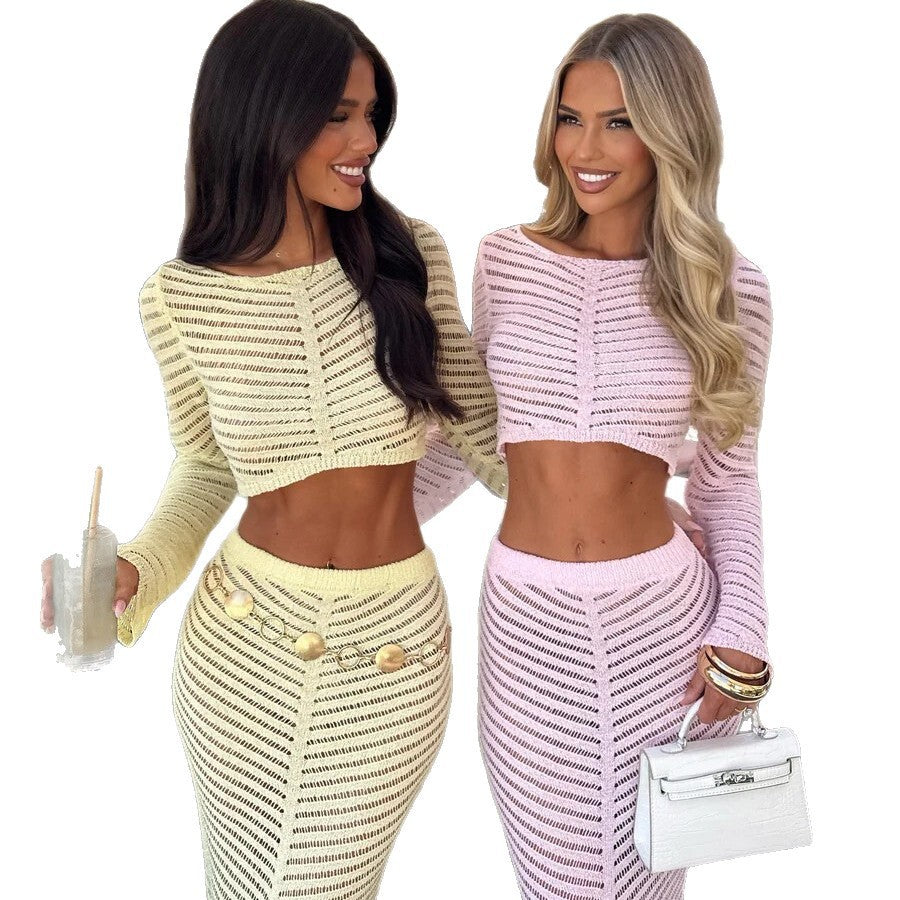 Ensemble élégant pour femmes en crochet avec crop-top à manches longues et jupe ajustée R&B