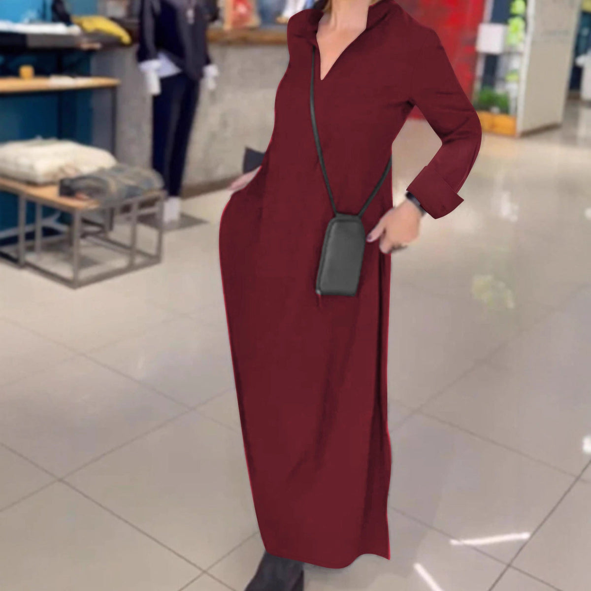 Robe maxi fluide pour femmes avec col montant en V, manches longues et poches latérales Echoarchiv