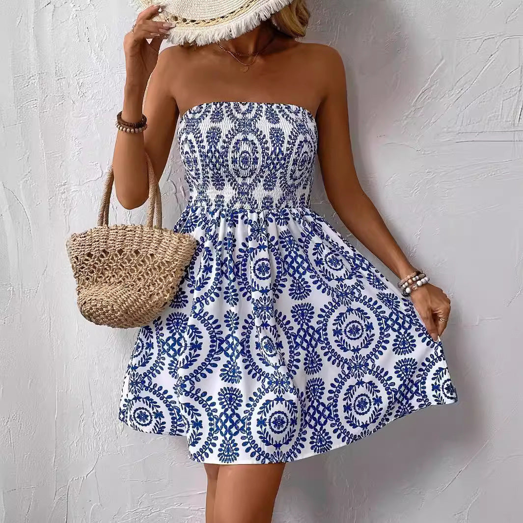 Robe d'été sans épaules pour femmes avec haut froncé et jupe évasée R&B