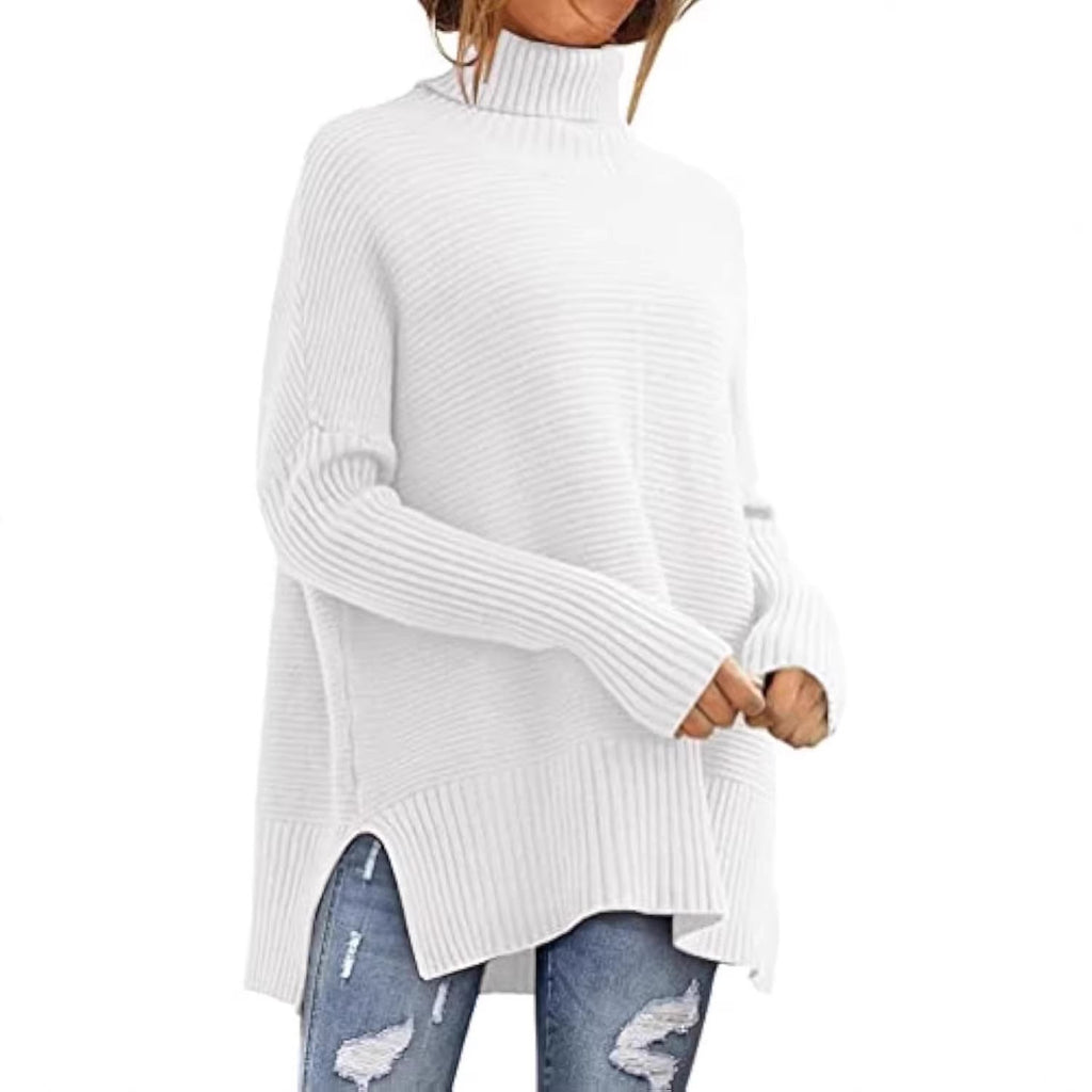 Pull à col roulé oversize en maille côtelée pour femmes avec fentes latérales et ourlet allongé