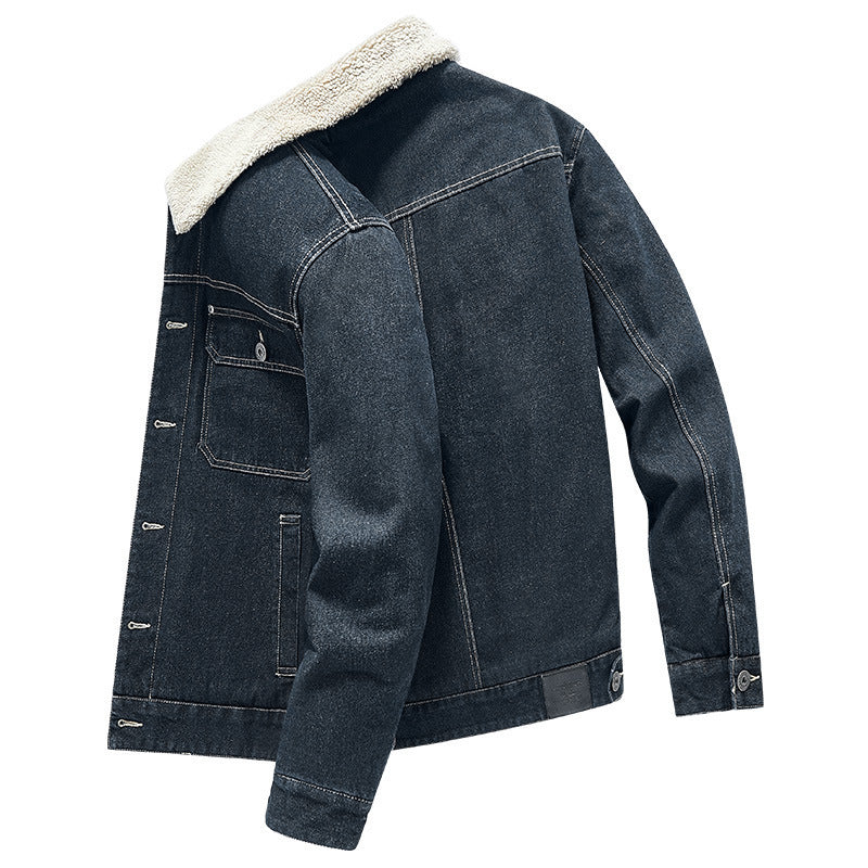 Veste en denim chaude pour hommes avec col en fausse fourrure