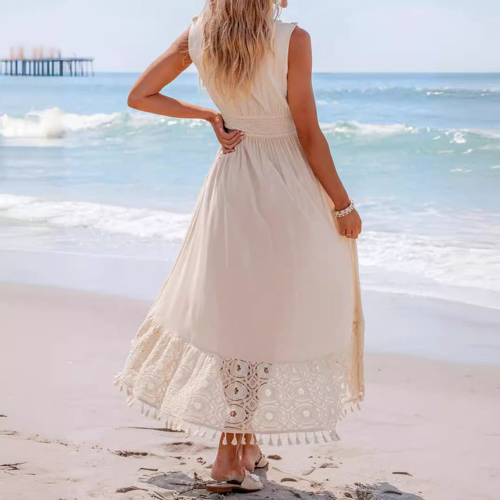 Robe maxi bohémienne pour femmes avec détails en dentelle et volants R&B