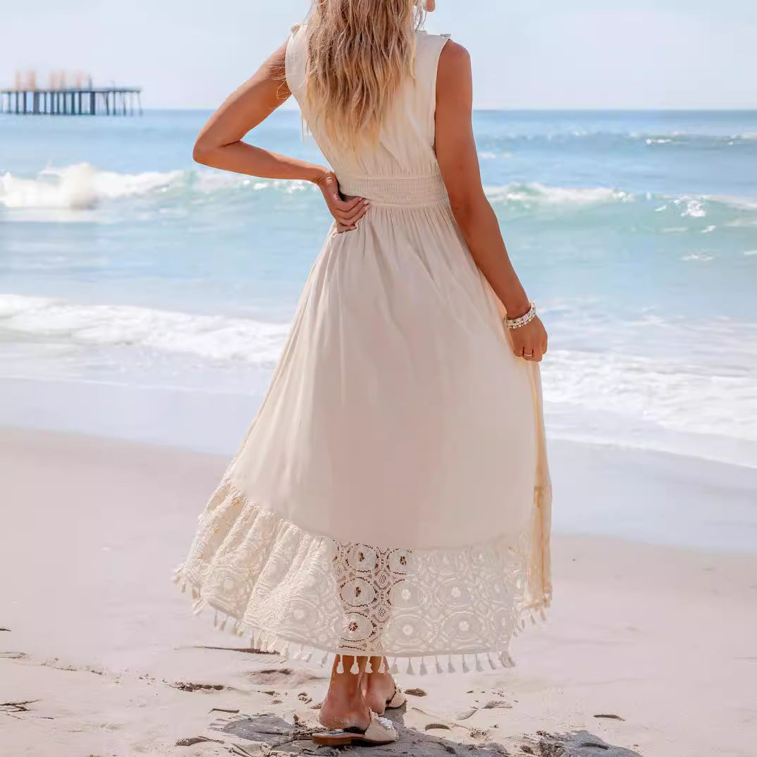 Robe maxi bohémienne pour femmes avec détails en dentelle et volants R&B