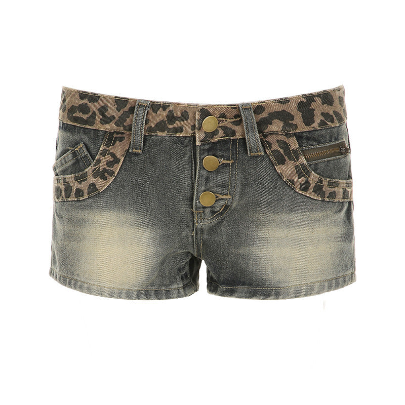 Shorts en jean pour femmes avec motif léopard et taille froncée R&B