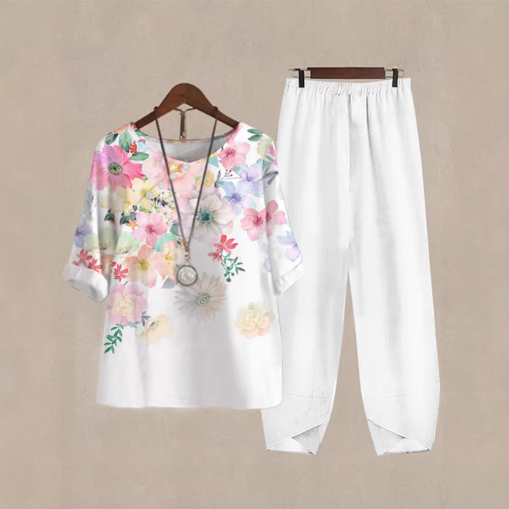 Haut de loisirs pour femmes avec motif floral et pantalon confortable R&B