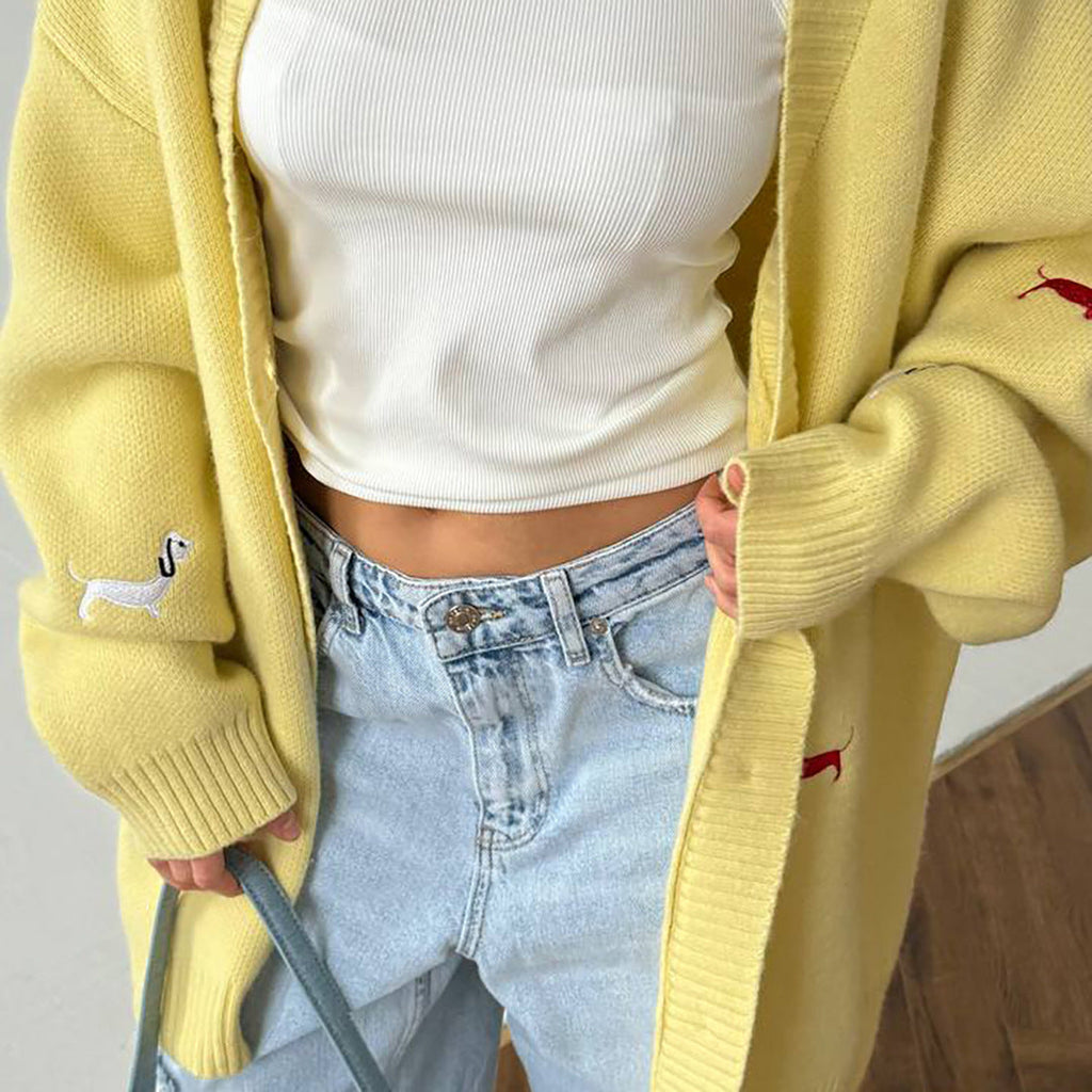 Cardigan oversized en tricot pour femmes avec motifs de teckels brodés