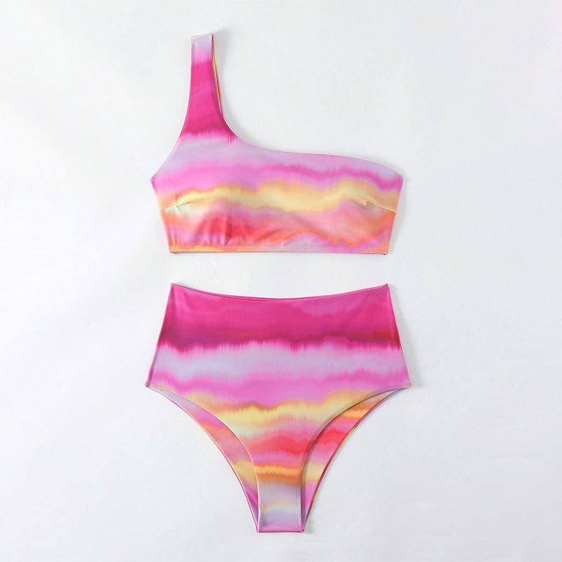 Ensemble de bikini taille haute pour femmes avec top asymétrique et dégradé de couleurs R&B