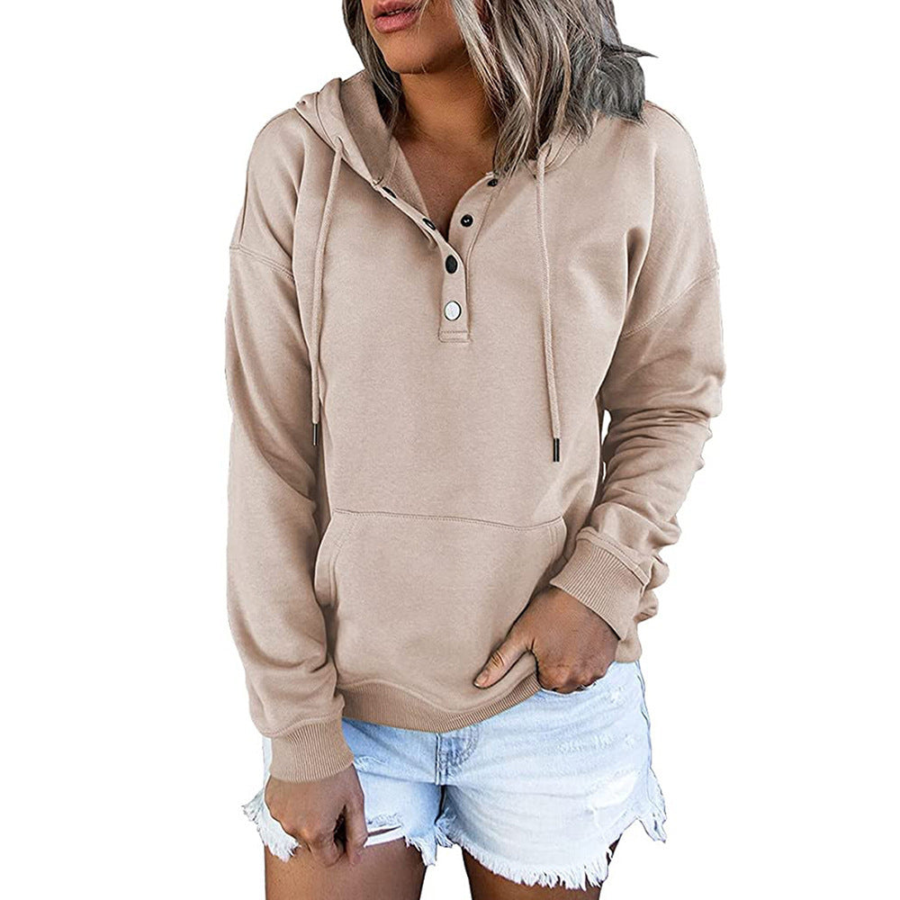 Sweat à capuche pour femmes avec patte de boutonnage Henley, poche kangourou et coupe décontractée Echoarchiv