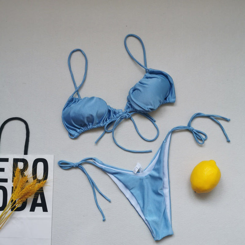 Ensemble bikini triangle pour femmes avec des liens ludiques et un contraste de couleurs élégant R&B