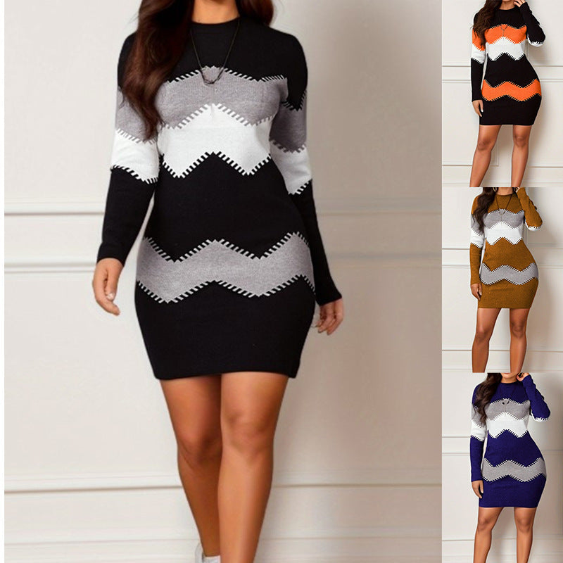 Robe Mini Tricotée Ajustée pour Femmes avec Manches Longues et Motif Zigzag Echoarchiv