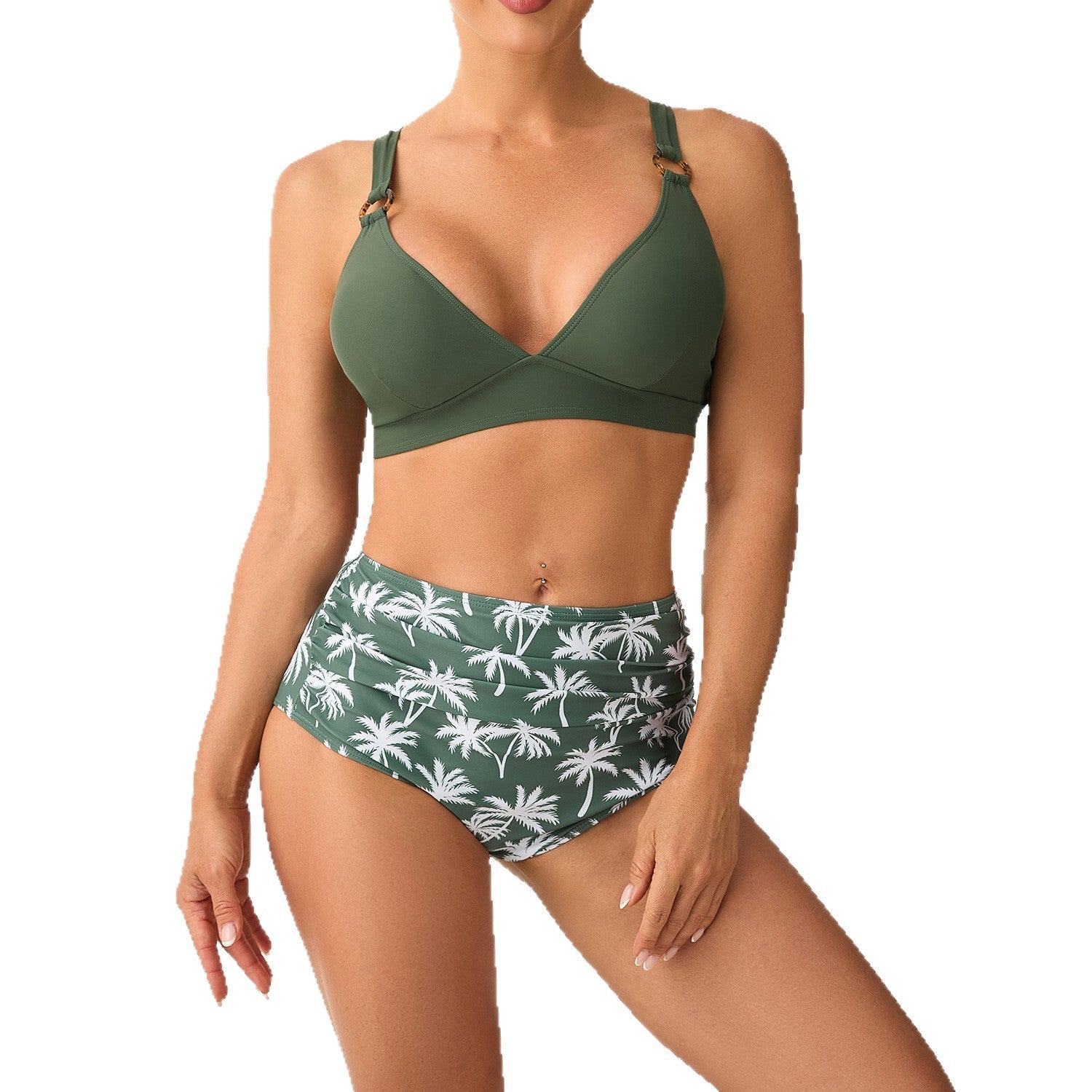 Ensemble de bikini taille haute pour femmes avec bretelles réglables et motif élégant de palmiers R&B
