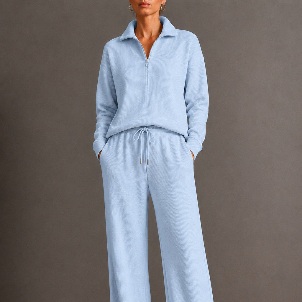 Ensemble de détente en tricot pour femmes avec demi-fermeture éclair, taille élastique et jambes larges - Echo Archiv