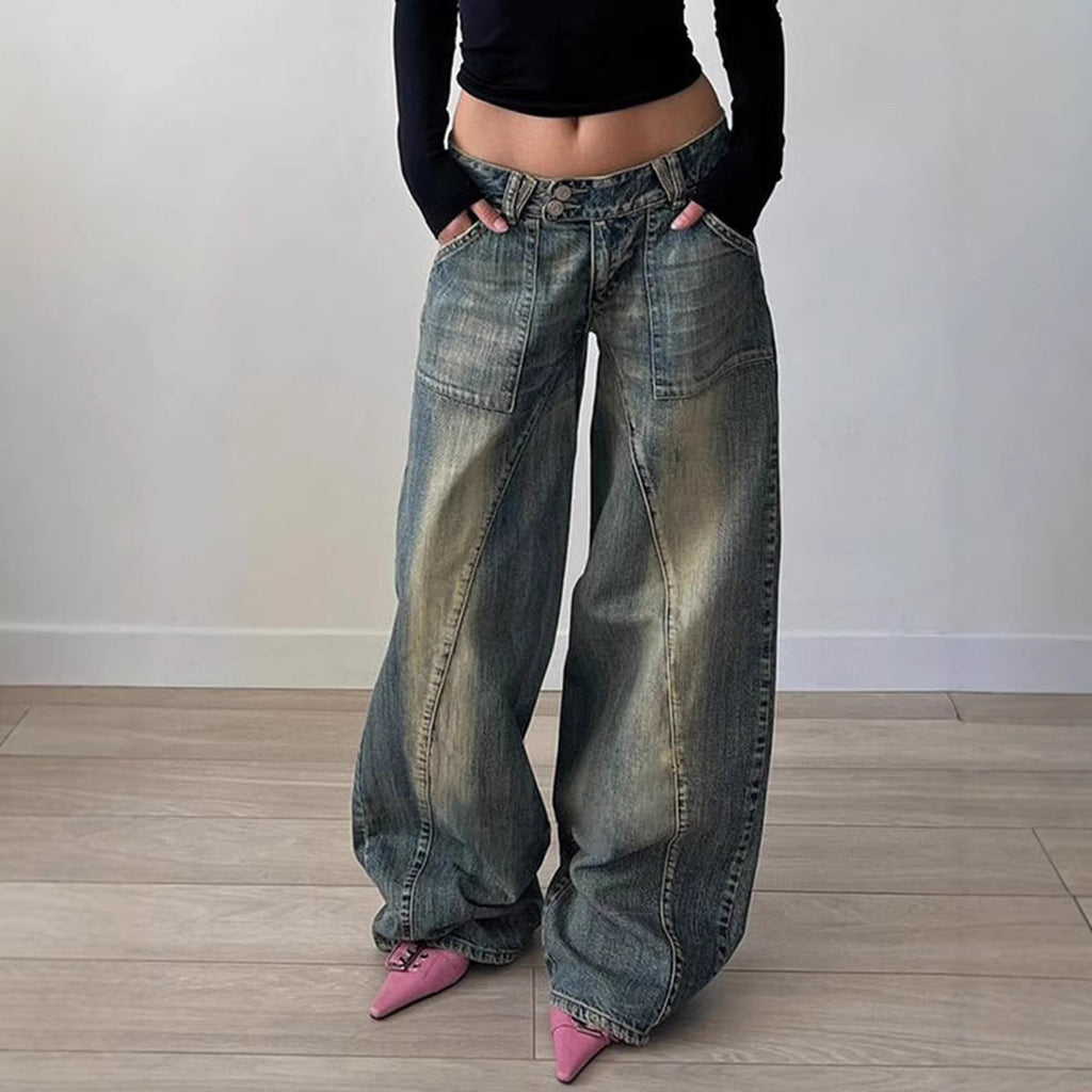 Jeans baggy taille basse pour femmes avec des panneaux en V marquants et des poches avant plaquées Echo Archiv