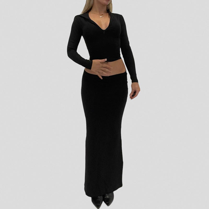 Robe maxi à manches longues pour femmes avec décolleté zippé élégant et coupe cintrée R&B