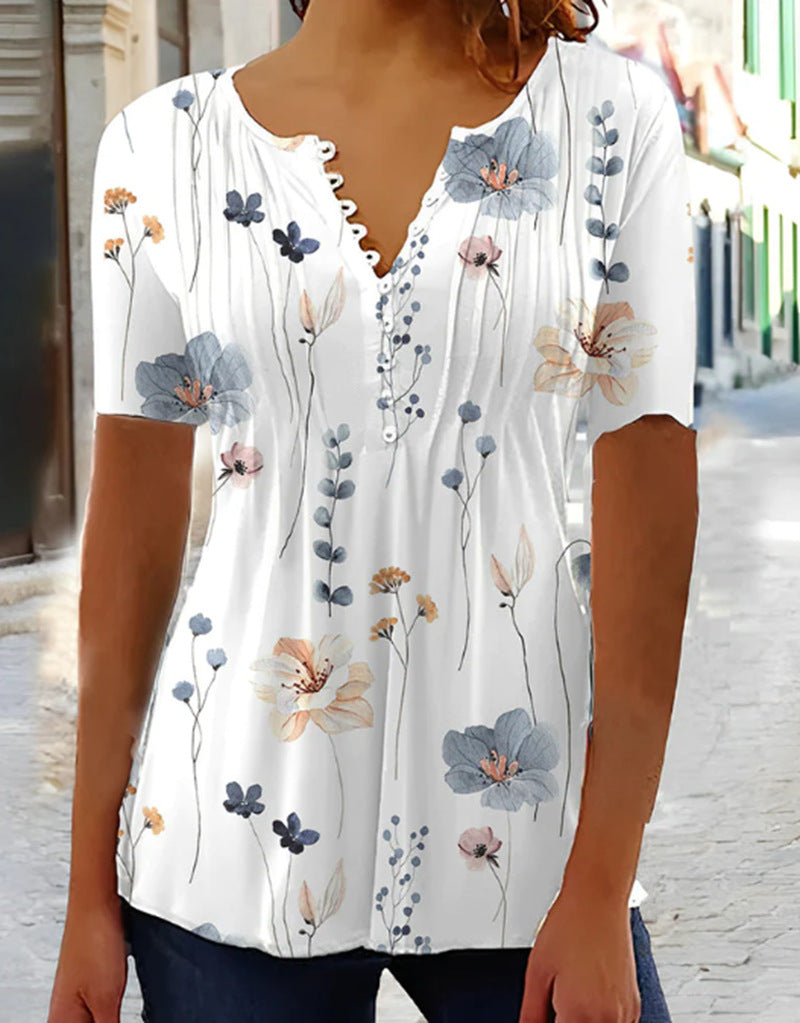 Tunique en viscose légère pour femmes avec plis décoratifs, patte de boutonnage partielle et imprimé fleurs aquarelle R&B