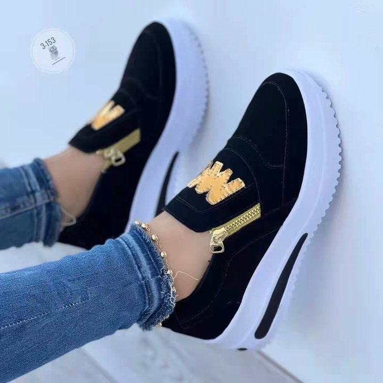 Baskets Slip-On Femme avec fermeture éclair dorée et logo tendance Heidi-Mode