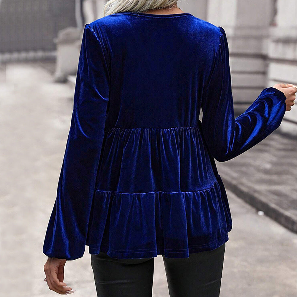 Top en velours à volants peplum pour femmes avec décolleté en V, taille froncée et manches ballon longues