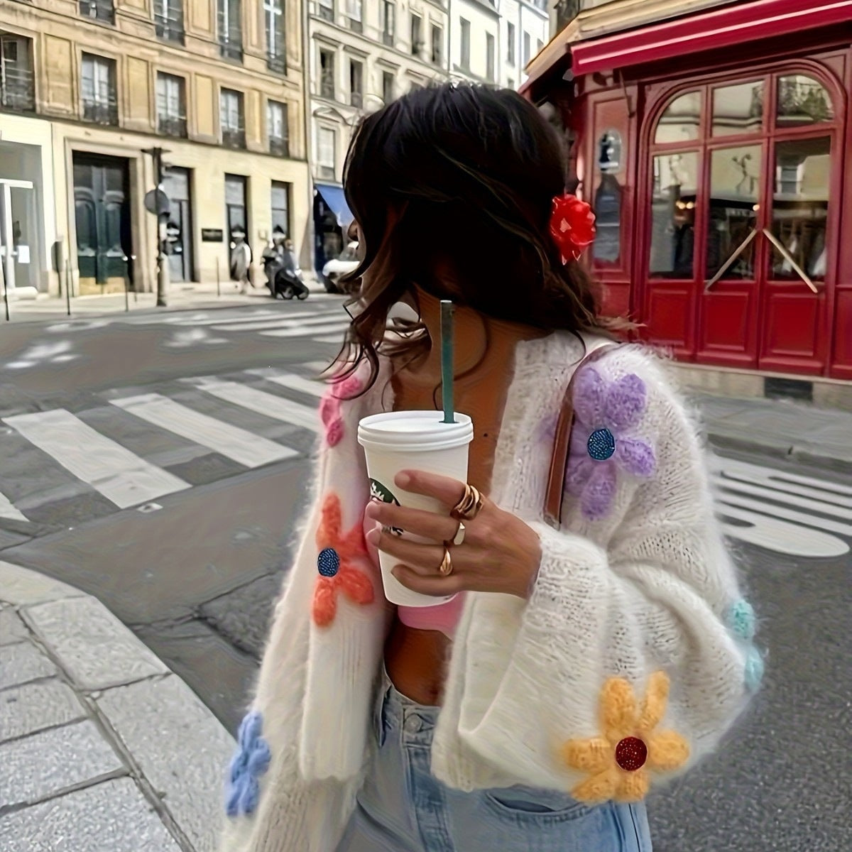 Cardigan en maille oversize pour femmes avec appliqués floraux 3D Echoarchiv