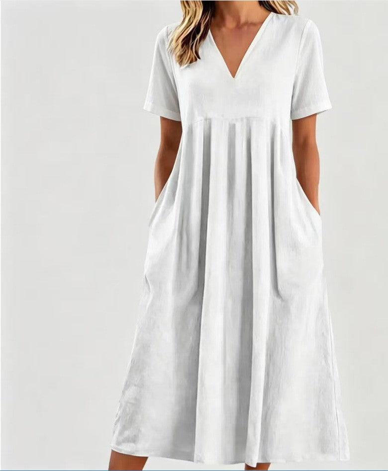 Robe midi à décolleté en V pour femmes avec poches et couture empire froncée R&B