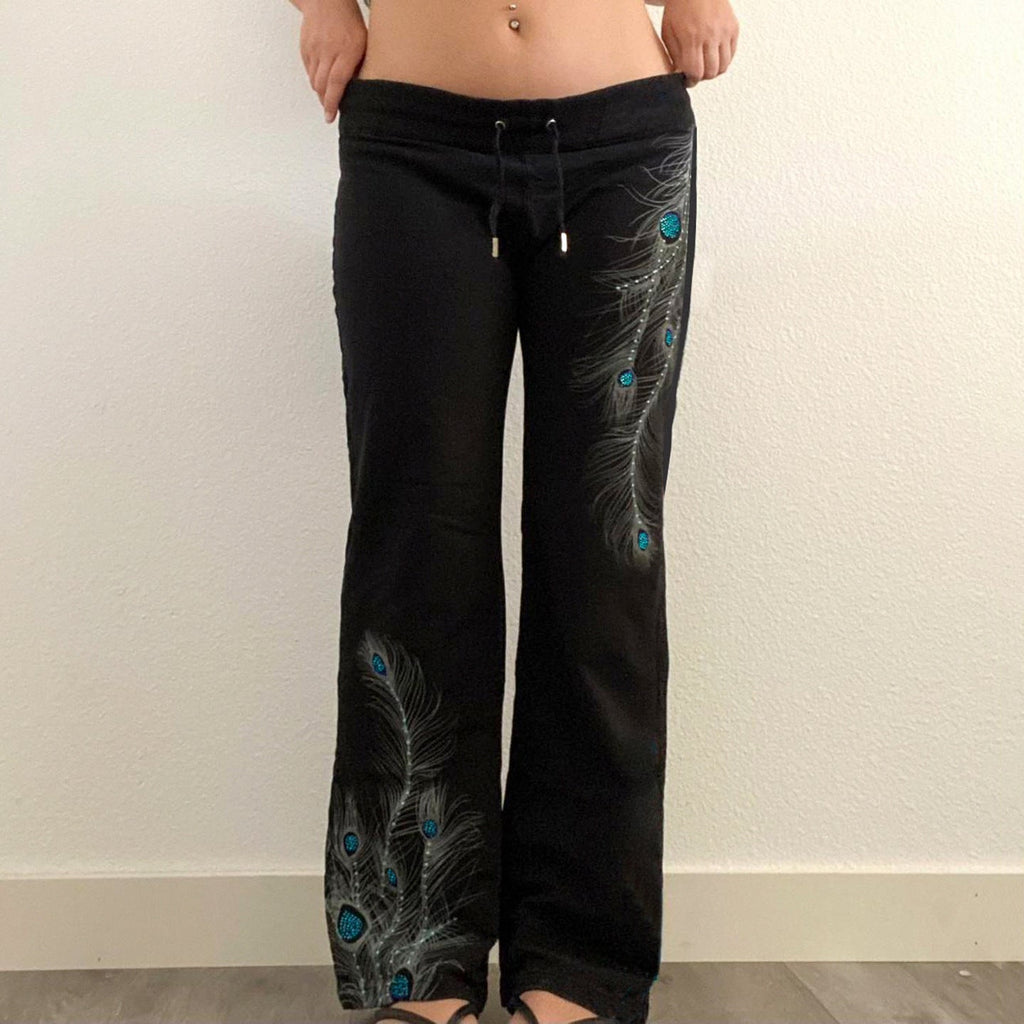 Pantalon de lounge large pour femmes avec cordon de serrage, taille confortable et imprimé de plume de paon Echo Archiv