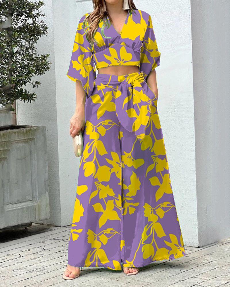 Ensemble d'été deux pièces pour femmes avec crop-top à nouer et pantalons palazzo taille haute EB