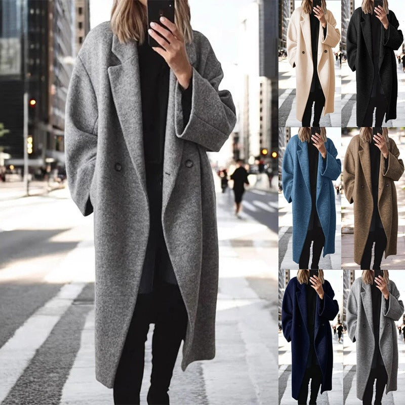 Manteau oversized en mélange de laine pour femmes avec double rangée de boutons, grand col à revers et poches passepoilées Echoarchiv