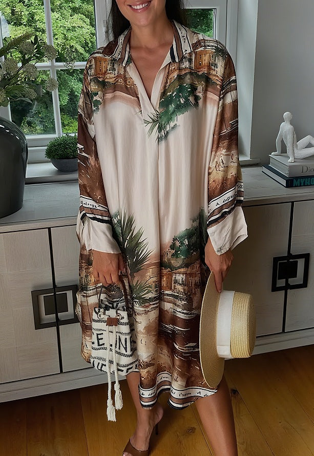 Robe chemise en aspect soie pour femmes au style caftan avec imprimé côtier illustratif R&B
