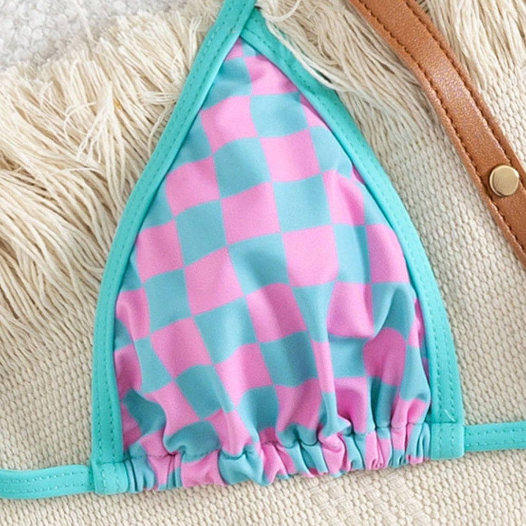 Bikini triangle pour femmes avec motif à carreaux et liens raffinés R&B