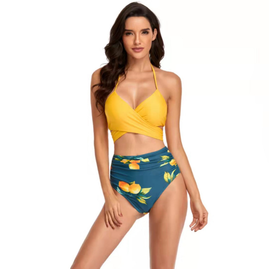 Bikini taille haute pour femmes avec haut croisé et motifs floraux R&B