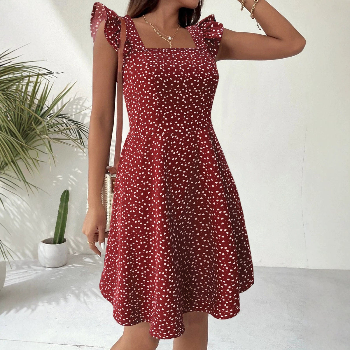 Robe décontractée pour femme, coupe trapèze, avec encolure carrée et manches à volants