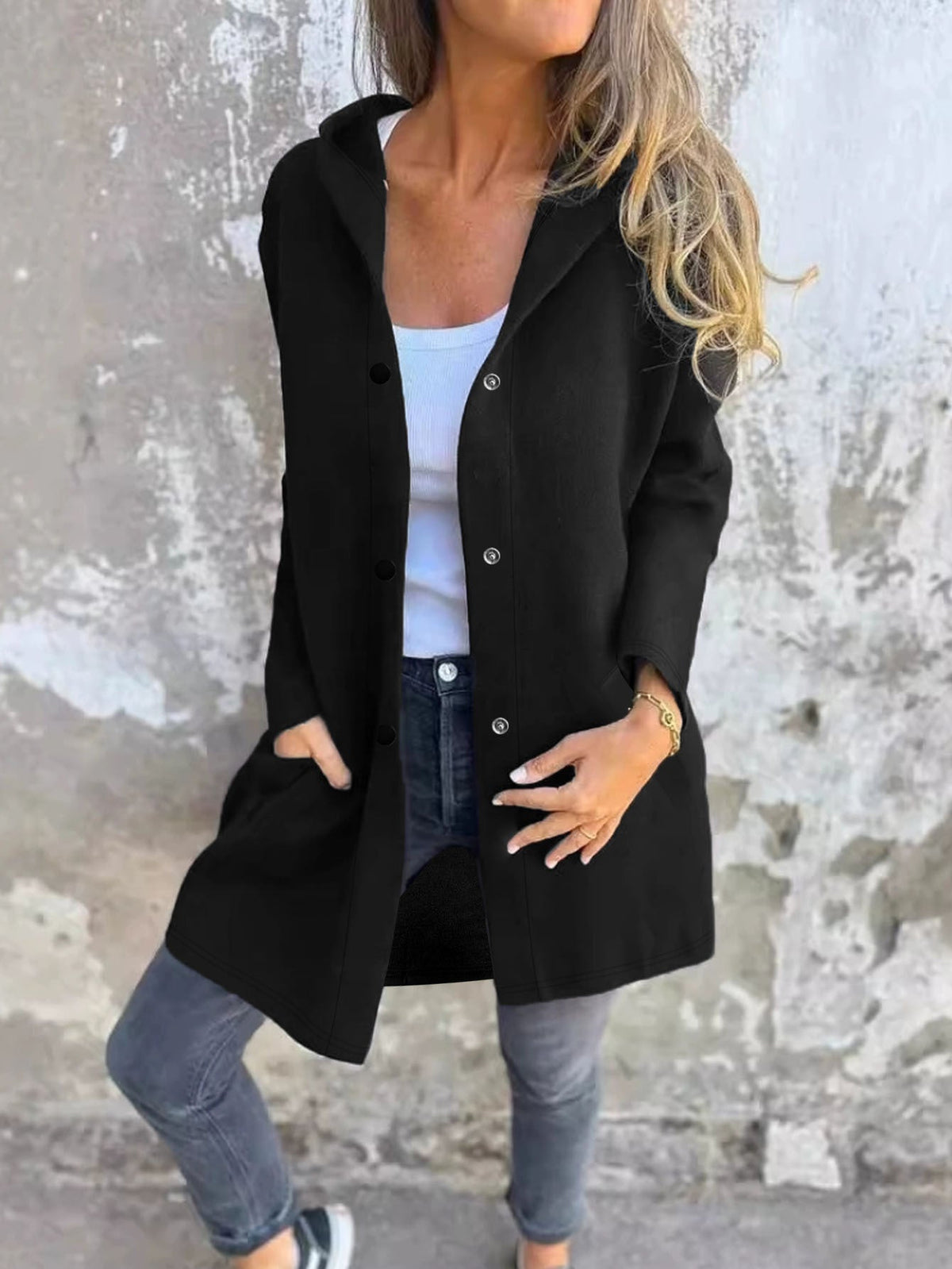 Manteau long à capuche pour femmes en sweat doux avec fermeture à boutons-pression et poches latérales Echoarchiv