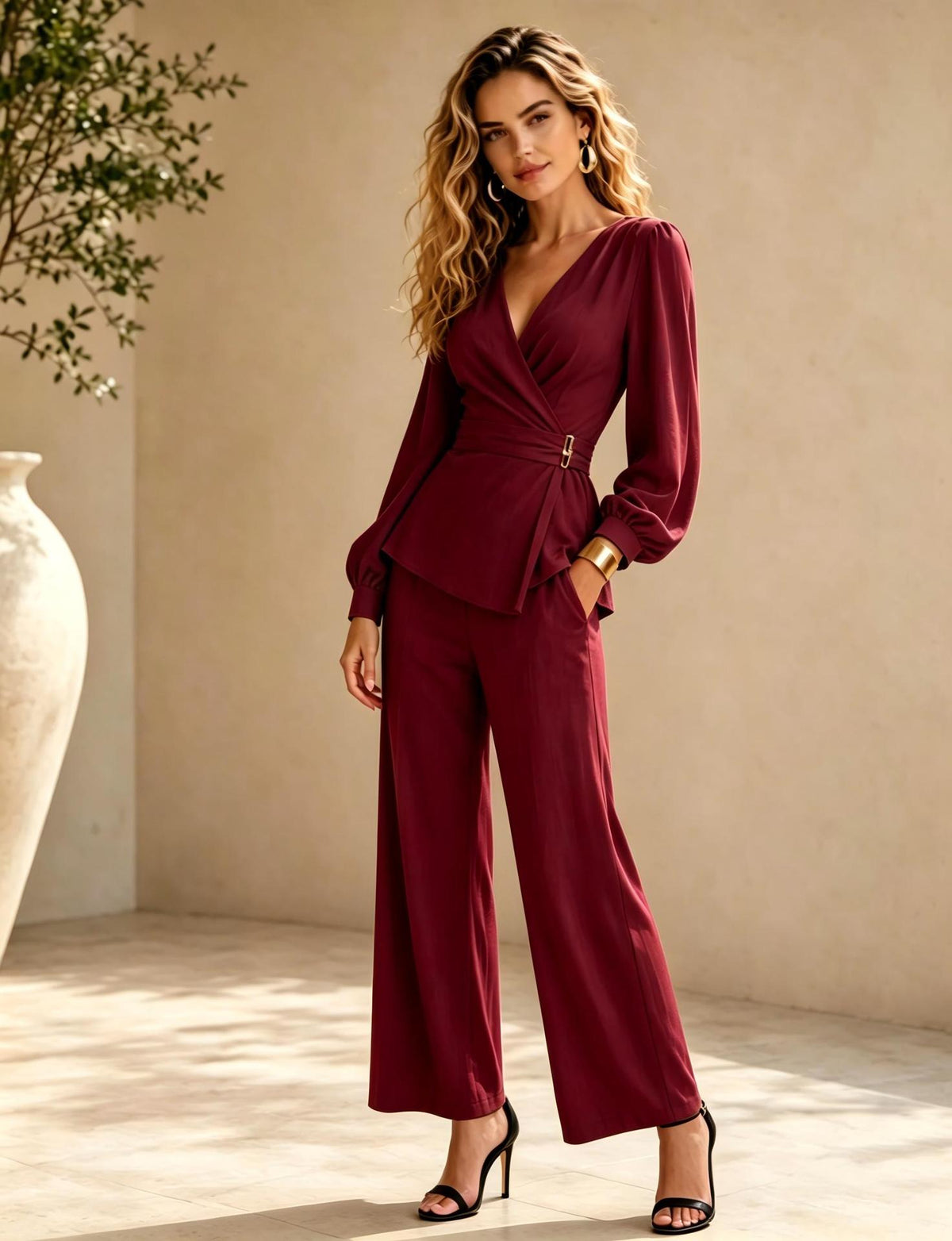 Ensemble Top Peplum à Manches Longues et Pantalons Amples pour Femmes Echoarchiv