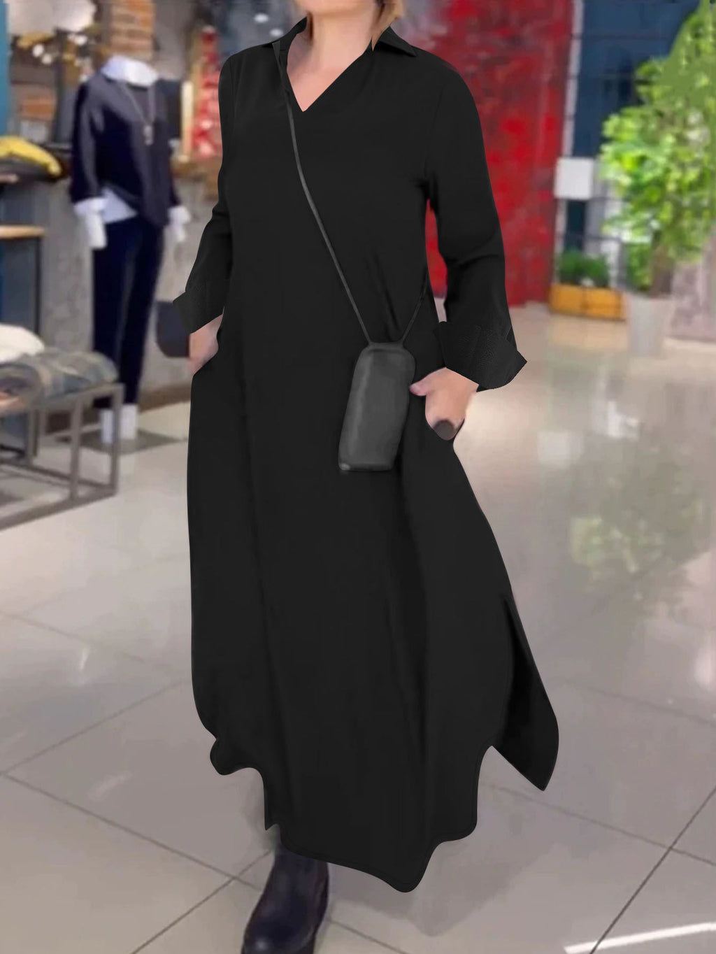 Robe maxi fluide pour femmes avec col montant en V, manches longues et poches latérales Echoarchiv