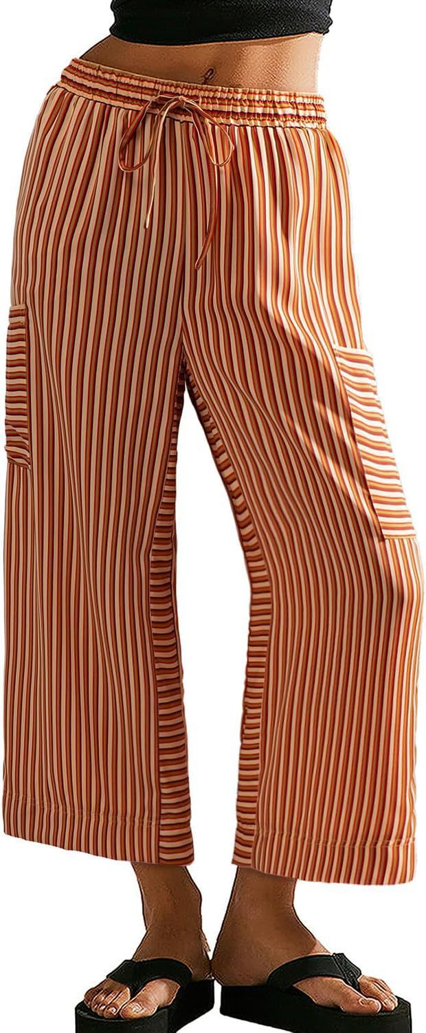 Pantalon de jogging large à rayures pour femmes avec cordon de serrage et poches latérales Echoarchiv