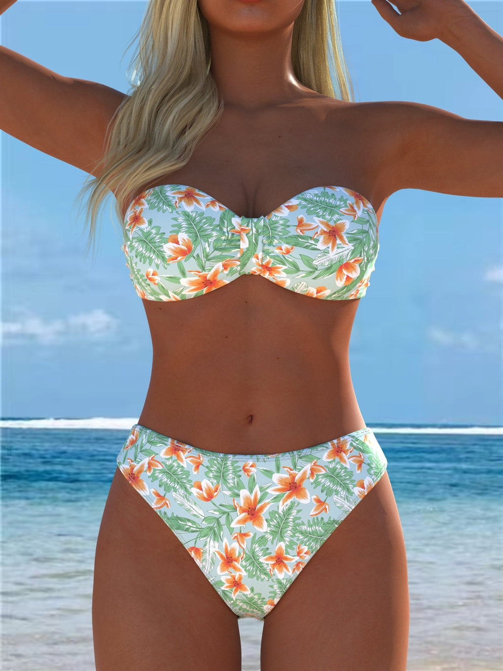 Bikini bandeau pour femmes avec un motif de plumes unique et une taille haute R&B
