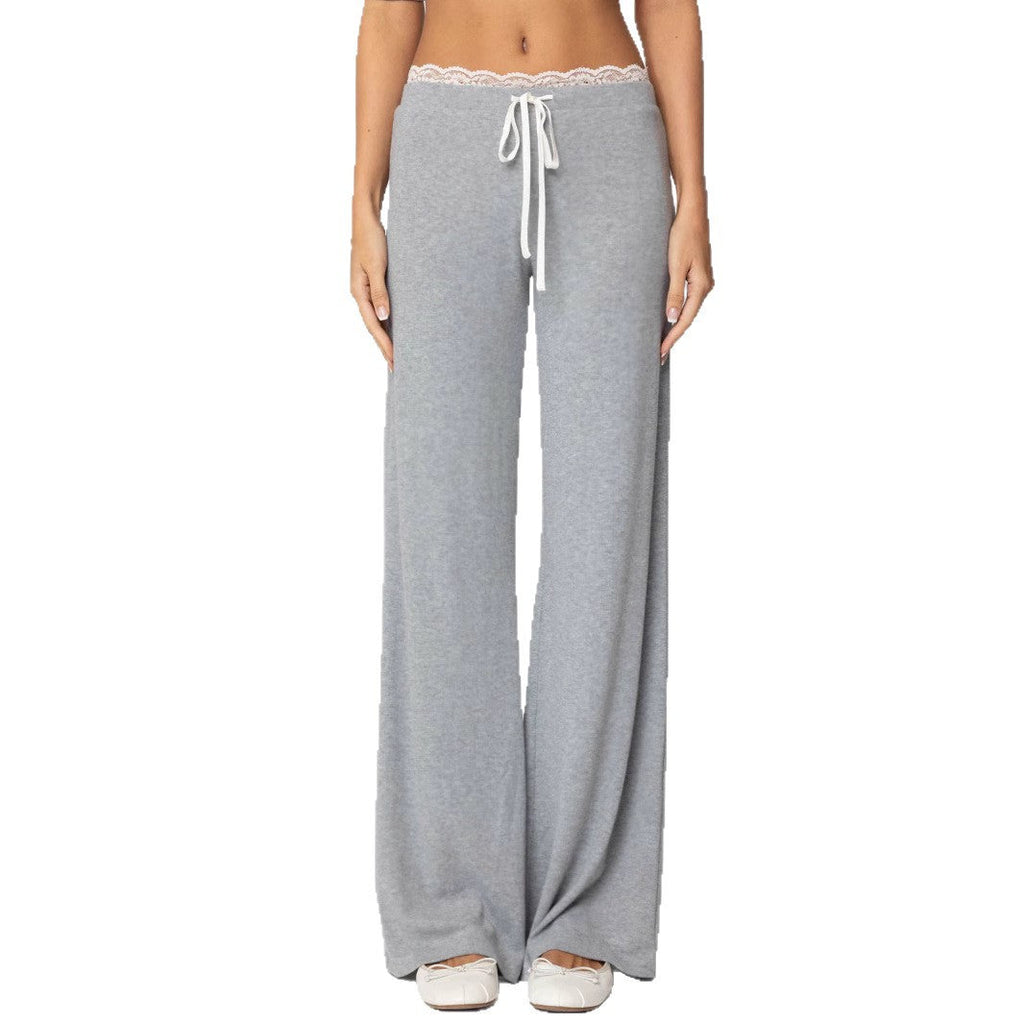 Pantalon de loisirs gris clair pour femmes avec taille élastique et finition en dentelle décorative R&B