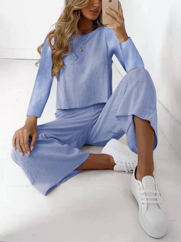 Ensemble Décontracté en Effet Lin pour Femmes avec Top Oversize à Manches Longues et Pantalon Palazzo Échoarchive