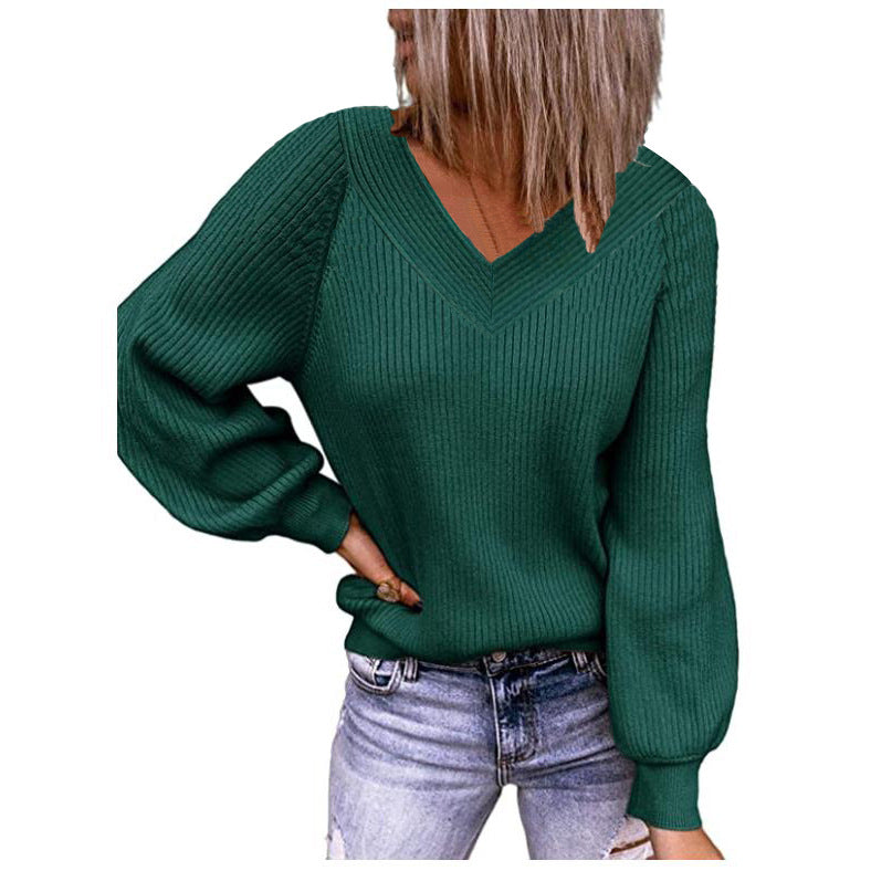 Pull à col en V côtelé pour femmes avec manches ballon et coupe décontractée Echoarchiv