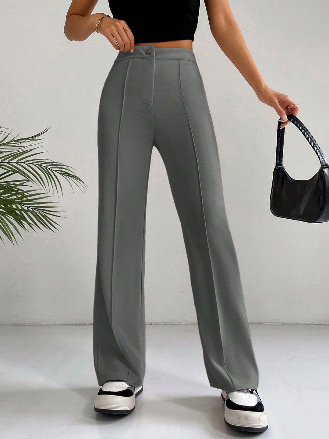 Pantalon Palazzo Femme Taille Haute avec Pli Marqué et Jambes Amples