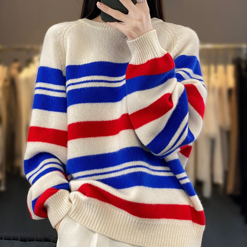 Pull oversized pour femmes avec rayures et col rond