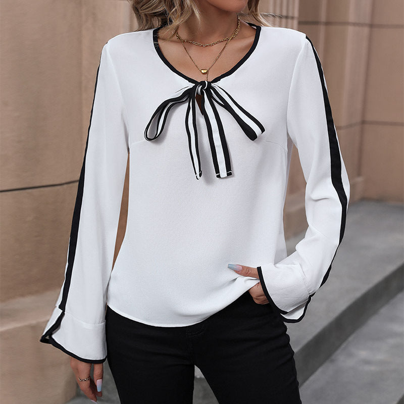 Chemisier en Chiffon Élégant pour Femmes avec Piping Contrasté, Nœud Décoratif et Manches Trompette