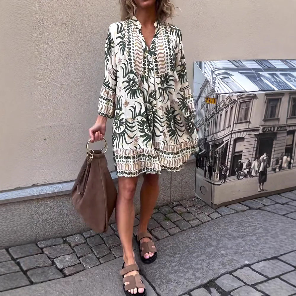 Tunique en viscose légère pour femmes avec patte de boutonnage, taille empire froncée, poignets élastiques et volants R&B