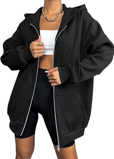 Veste à capuche zippée oversize pour femmes avec fermeture éclair contrastante, capuche double épaisseur et poche kangourou Echo Archiv