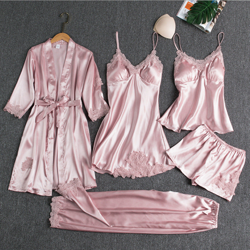 Ensemble de Pyjamas pour Femmes 5 Pièces avec Dentelle et Robe de Chambre