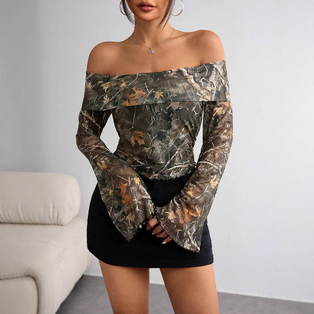 Top à manches longues sans épaules pour femmes avec motif camouflage et manches évasées R&B