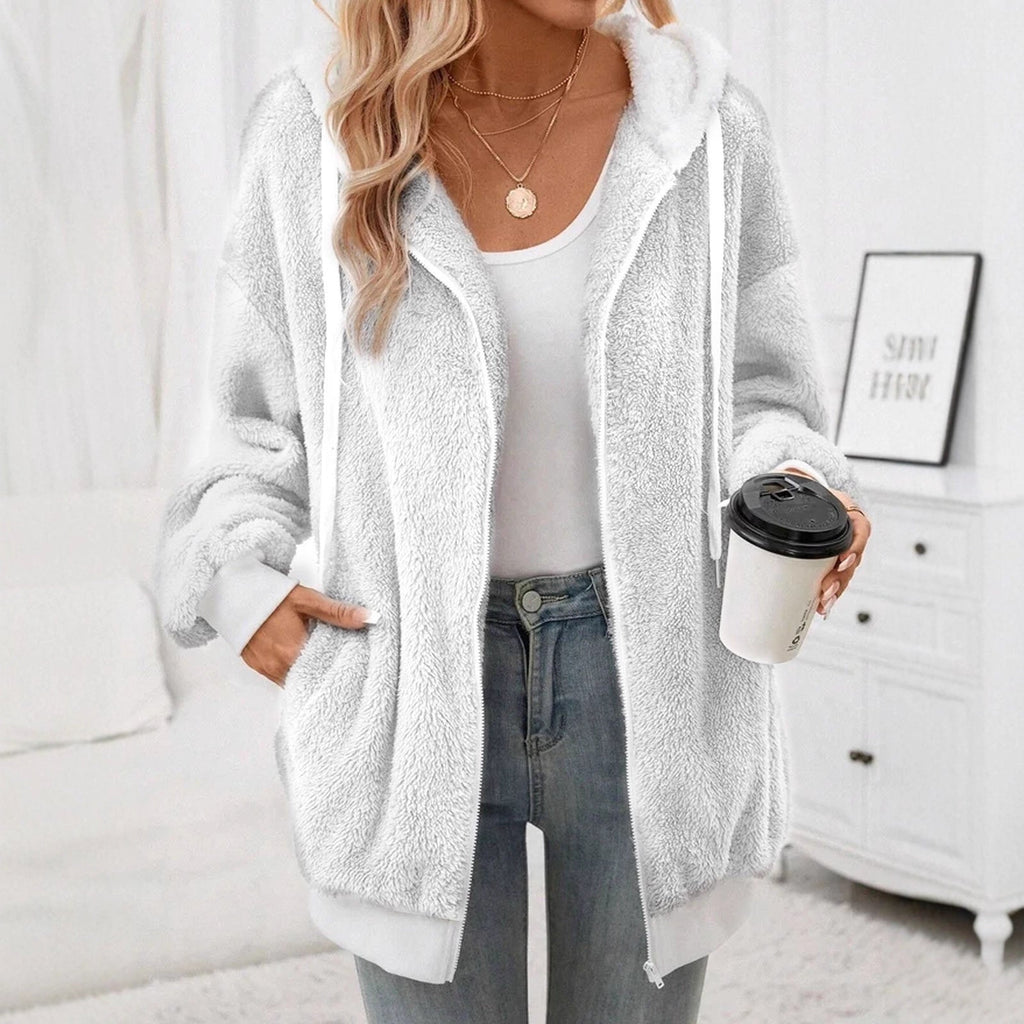 Veste à capuche en teddy polaire douillette pour femmes avec fermeture éclair et coupe oversized