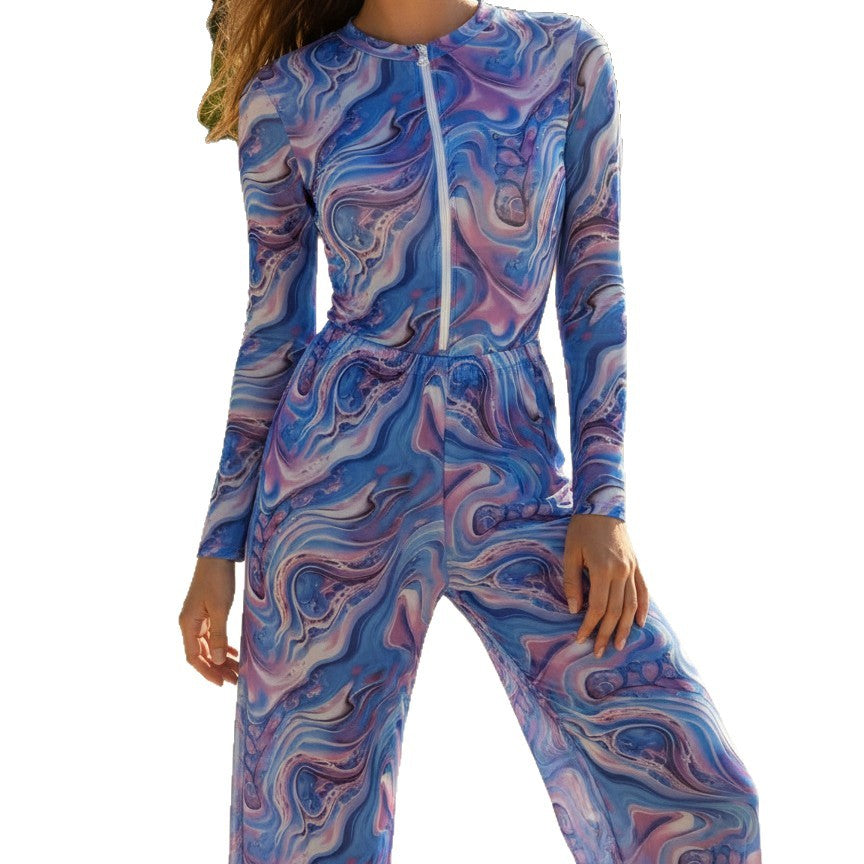 Maillot de bain à manches longues pour femmes avec un design graphique coloré Drune
